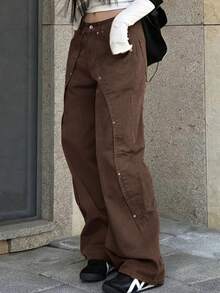 Women's Y2K Style Straight Jeans, Loose Wide Leg, Wood Pants - Cà phê nâu - Xem 3