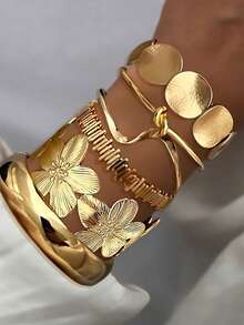 7/6/5pcs Vintage Exaggerated Luxurious Geometric Design Women Gold Metal Bangle Bracelet Set, Suitable For Daily Wear And Gift - Gold - View 10