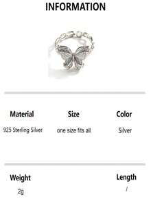 1 件 S925 纯银镂空蝴蝶可调节开口戒指，轻巧奢华独特，适合女性日常佩戴，镀金珠宝礼物