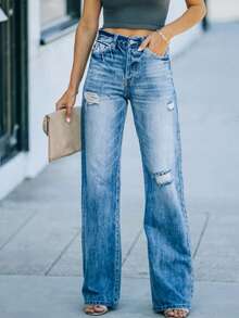 Women's High Waist Relaxed Fit Ripped Jeans Stretchy Flare Jeans Denim Pants - Màu xanh lam - Xem 1