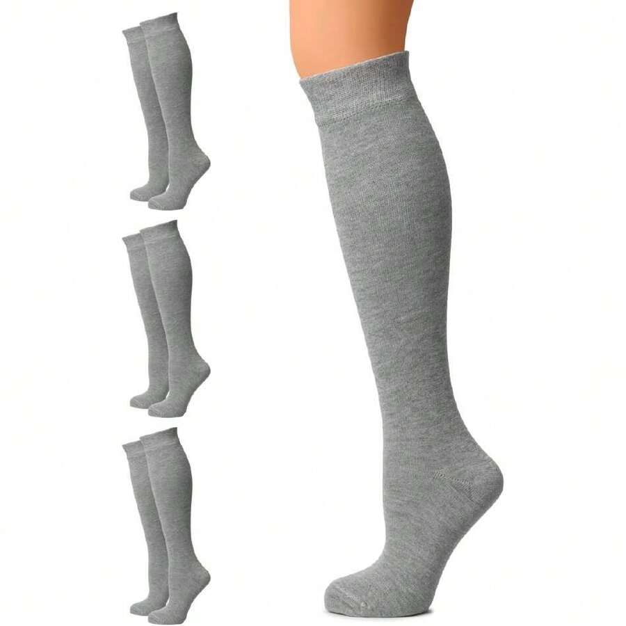 Women's Cotton Knee High Socks, Long Tube Dress Socks | Soft, Lightweight & Stretchy | Shoe Size: 5-8/8-11, 3 Pairs,36065485 - 灰色 - 查看 1
