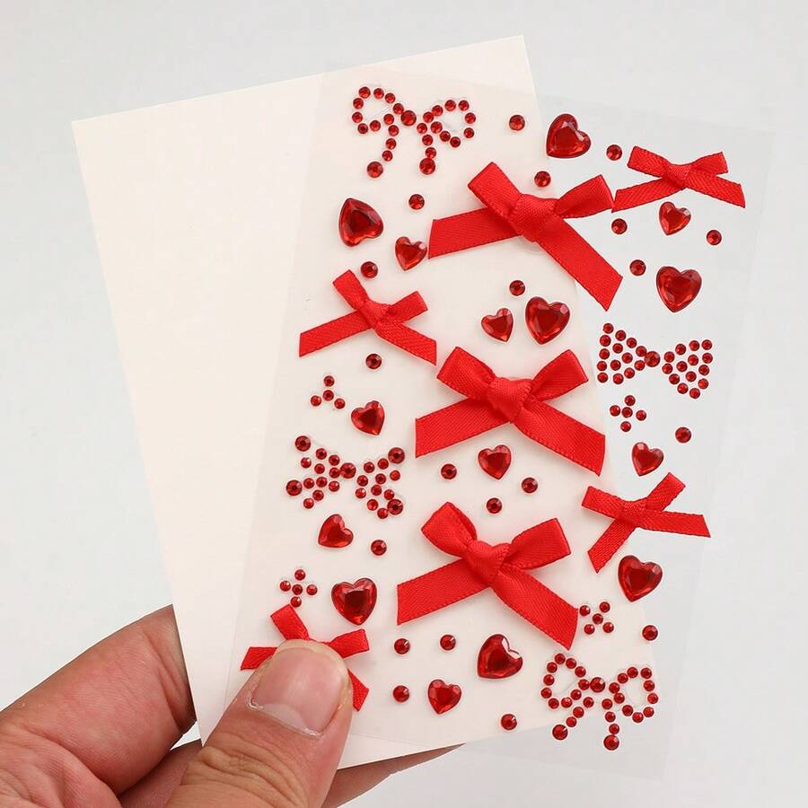 1PC Pink&Red Fabric Bow And Rhinestone Stickers, For Nail Art Scrapbook Creative Crafts Decoration, Facial Makeup Stickers, Ideal Choice For Giving Gifts