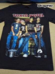 Men's & Women's Tokio Hotel Band Logo Matching T-Shirts - Vintage Tokyo Manga Design Unisex Tee For Pop Rock Music Fans, Loose Fit Round Neck Casual Shirt For &, Pre-Shrunk For All-Season Wear - 黑色 - 查看 1