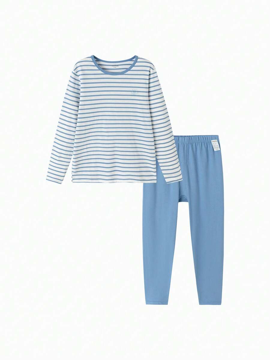 Balabala Kids Cotton Thermal Set, Soft Breathable Long Sleeve Top & Pants, Cozy Base Layer Pajamas - White and Blue - View 1