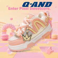 Q-AND Women's Platform Casual Shoes With Heel Increase, Soft And Cushioned Athletic Shoes, Breathable Mesh Upper, Chunky Laces, Pendant Decoration, Versatile Retro Chunky Sneakers, Waterproof And Slip-Resistant, Wear-Resistant And Height-Increasing Street Style Athletic Shoes, An Essential Everyday Item. - Màu Hồng  San hô - Xem 1