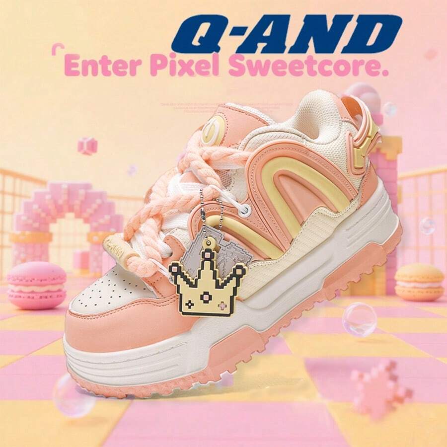 Q-AND Women's Platform Casual Shoes With Heel Increase, Soft And Cushioned Athletic Shoes, Breathable Mesh Upper, Chunky Laces, Pendant Decoration, Versatile Retro Chunky Sneakers, Waterproof And Slip-Resistant, Wear-Resistant And Height-Increasing Street Style Athletic Shoes, An Essential Everyday Item. - Màu Hồng  San hô - Xem 1