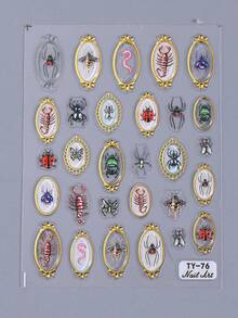 1pc 5D Embossed Insect Nail Decals Colorful Vintage Photo Frame Ladybug Butterfly Spider Centipede Pattern DIY Nail Art Decoration Slider, Manicure Art Accessories Tools, Beautiful Gift For Girl - Nhiều màu - Xem 9
