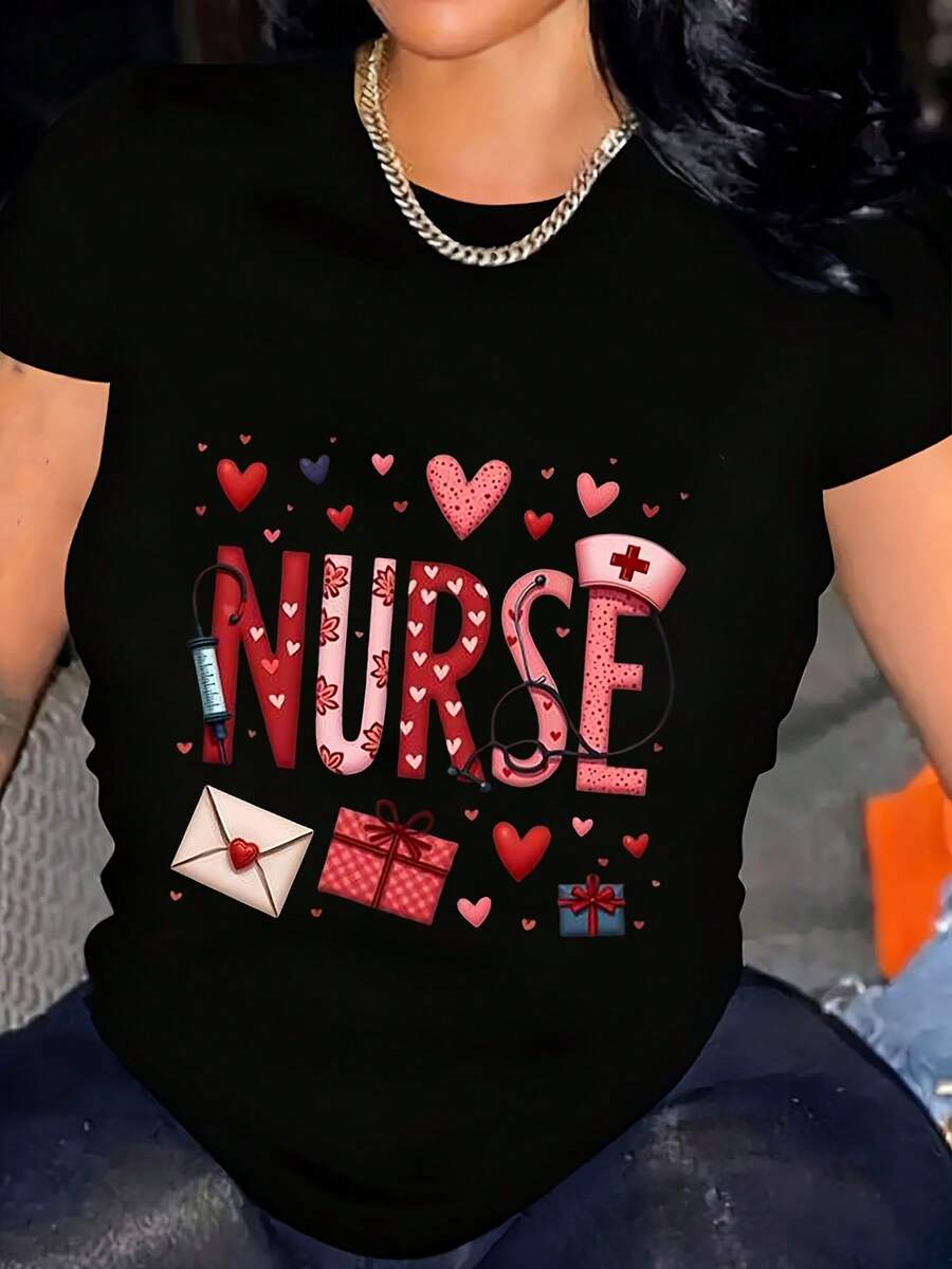 Camiseta para mujer con estampado de enfermera diseño de corazones regalos y estetoscopio ideal para trabajadores de la salud estilo casual rápido envío 220g - Negro - Ver 1