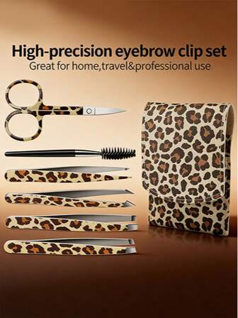 6개 표범 무늬 눈썹 정리 키트 - 휴대용 가죽 케이스, 스테인리스 스틸 눈썹 가위 및 정밀 눈썹 족집게 포함, 여성을 위한 이상적인 정리 도구, 가정 및 여행 눈썹 및 얼굴 털 관리에 필수적입니다