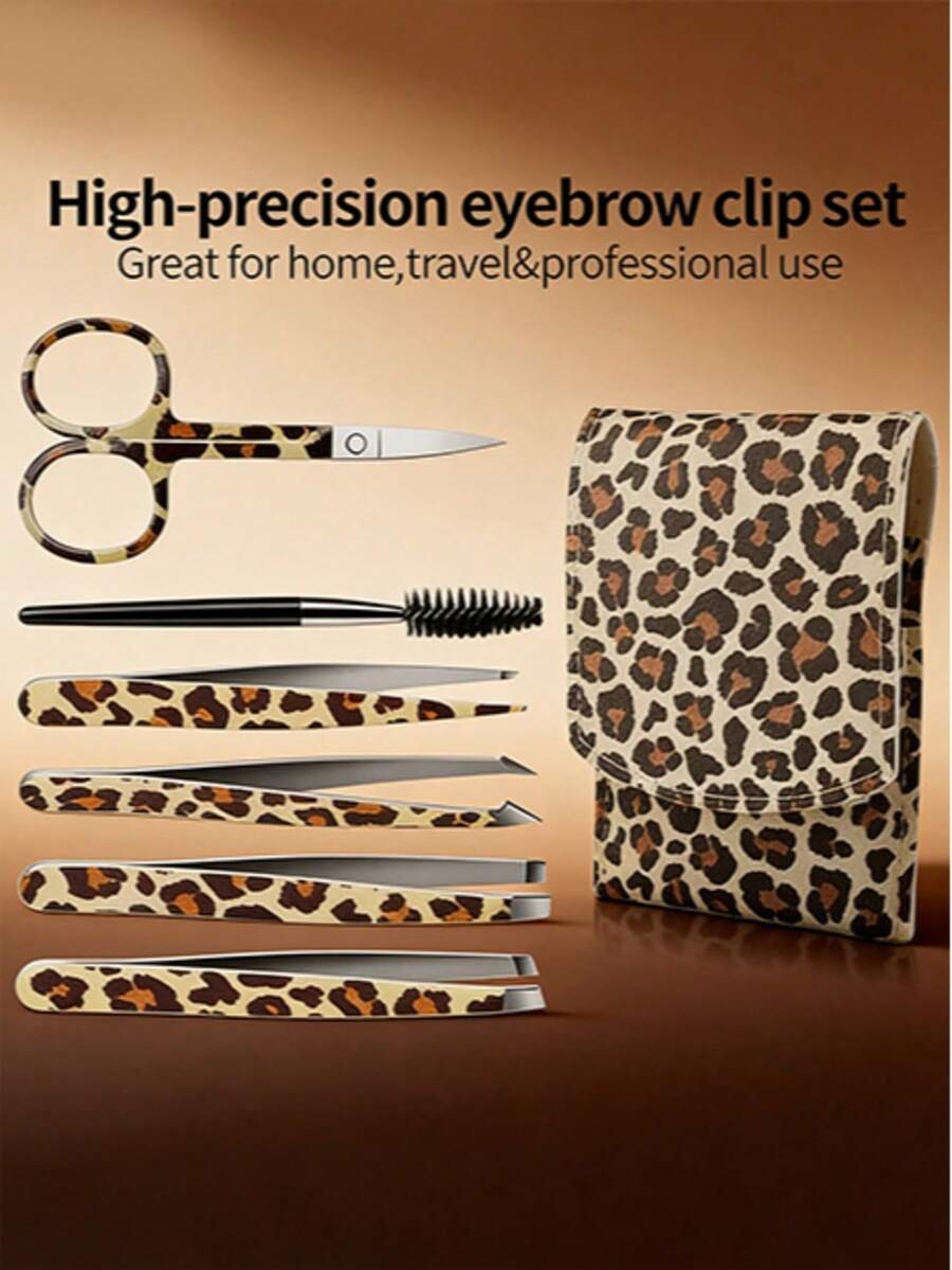 6pcs Leopard Print Eyebrow Grooming Kit - Includes Portable Leather Case, Stainless Steel Eyebrow Scissors And Precision Eyebrow Tweezers, Ideal Grooming Tool For Women, Essential For Home And Travel Eyebrow And Facial Hair Care - Multicolor - View 1