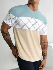 GRDR 1pc Men's Casual Contrast Color Round Neck Short Sleeve T-Shirt, Business Style, Summer