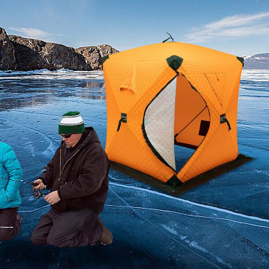 Pop Up Ice Fishing Tent, Insulated Ice Fishing Shelter, Thermal Ice Fishing Tent With Three Layers Of Cotton Insulation, Windproof And Warm, Function Upgrades Fishing Gear And Equipment - 橘色 - 查看 1