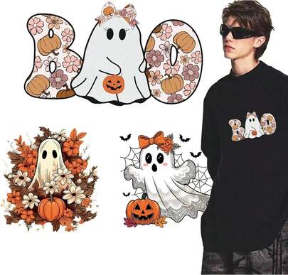 Halloween Iron On Transfers Pumpkin Bow Iron On Patches 3 Sheets Fall Floral Heat Transfer Vinyl Designs Cute Ghost With Flower Iron On Decal For Hat Women&Amp;Men T-Shirt Pillow Canvas Bag DIY Dr