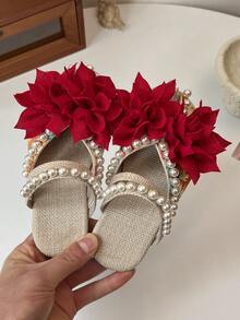 1 Pair Girls' Slippers With Large Red Flower And Pearl Decor, Comfortable Soft Non-Slip Flip Flops, Suitable For Daily Casual Wear And Holiday Parties - Red - View 3