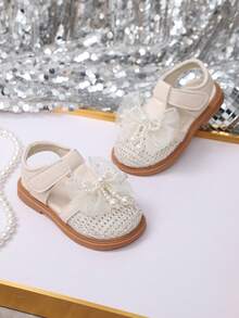 儿童时尚百搭镂空休闲凉鞋，女童蝴蝶结可爱幼儿凉鞋，包头公主凉鞋 - 米色 - 查看 4