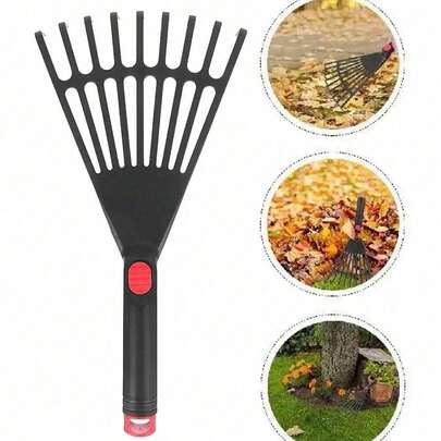 符合人体工学的花园落叶耙，配有舒适握柄，可清理落叶和杂物，适用于庭院和农场的塑料草坪耙