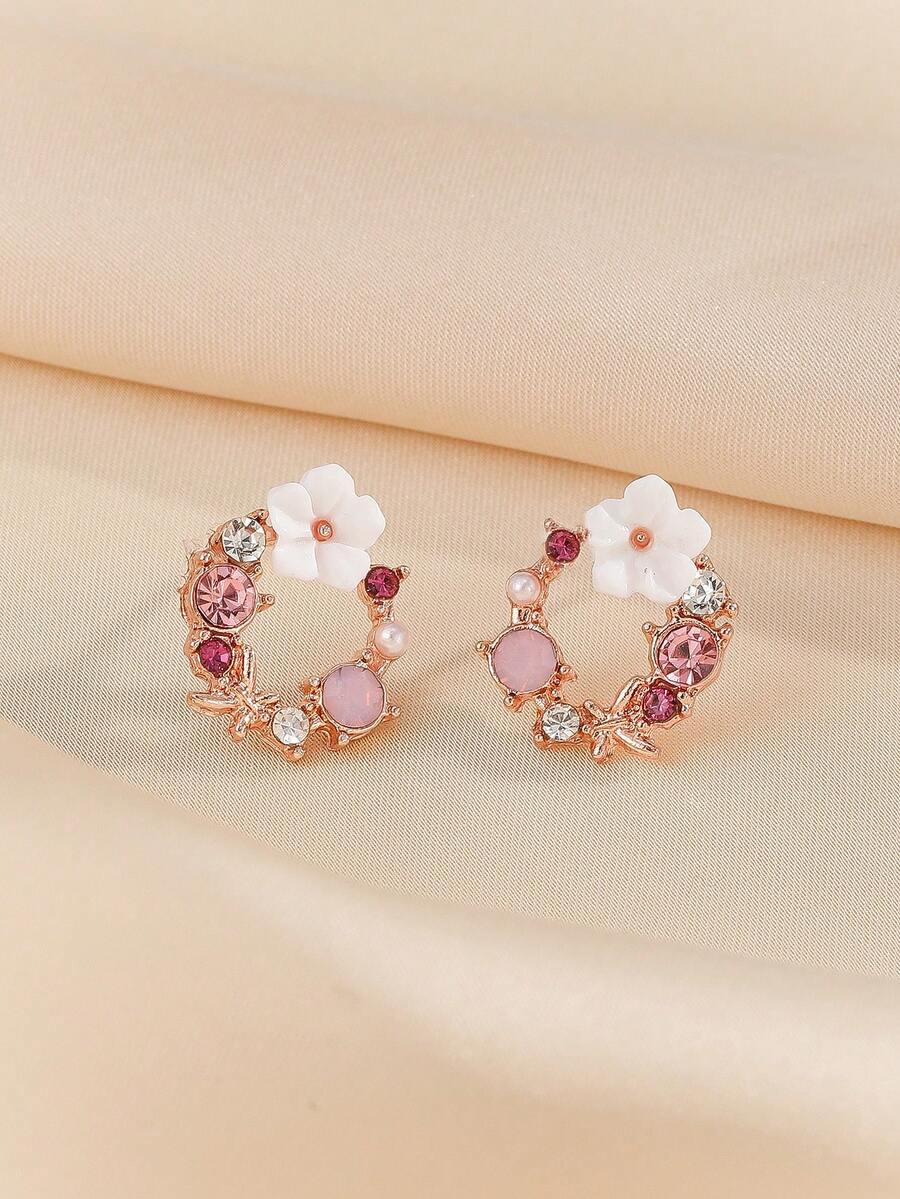 1 Pair Delicate & Sweet Multi-Color Cubic Zirconia Flower Stud Earrings, Suitable For Teenage Girls And Girl, Daily Wear And Gift - Multicolor - View 1