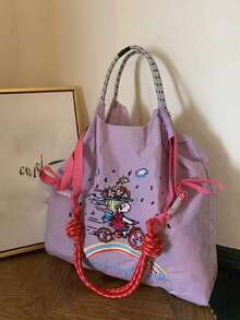 1件時尚刺繡單車女孩托特包，卡通圖案，輕量尼龍，大容量，可折疊抽繩開口購物袋 - 彩色 - 查看 16
