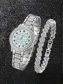 2件套女士时尚休闲罗马数字全镶钻表盘腕表，搭配珠宝配饰套装和时尚水晶手链，适合婚礼、商务馈赠、年会、员工礼品、高端商务女性、日常穿搭、生日礼物、节日派对礼物、聚会、海滩度假、情人节礼物，是送给女性、家人、朋友、爱人、母亲、学生、青少年、女孩的完美礼物。 - 黑與白 - 查看 6