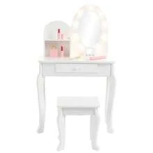 Juego de Mesa y Silla para Niñas con Espejo Iluminado al Tacto, Juego de Maquillaje de Madera con Taburete, Juego de Cambiador Infantil - Blanco - Ver 8