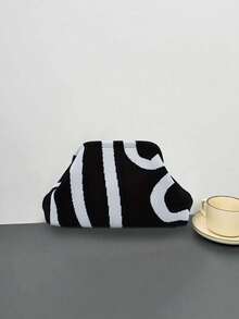 BAILEE Fashionable Retro Striped Colorblock Women's Clutch Bag, Zipper Closure, Suitable For Matching With Various Outfits, Perfect Gift Choice - Black and White - View 4