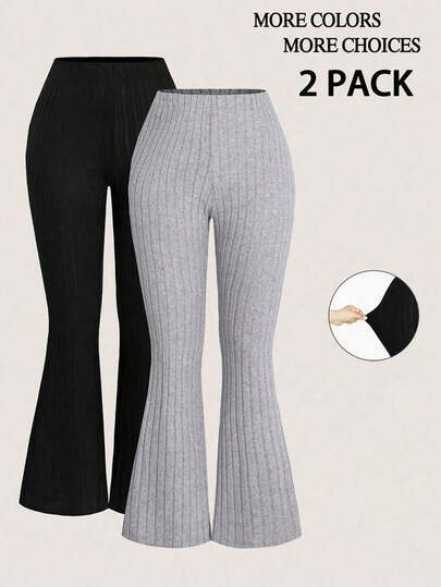 2pcs/Set Tween Girls' Solid Color Ribbed Flare Pants, Casual & Versatile