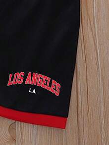 Young Boy Casual Letter Print Tank Top And Shorts Set, Summer - Black - View 5