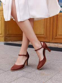 Women's Chunky High Heels Shoes – Closed Pointed Toe Ankle Strap Vintage D'Orsay Pumps, Petite Leg-Lengthening Fit For Slim & Curvy Feet, Party, Wedding & Office Chic, Christmas & New Year Gift - 鏽棕色 - 查看 2