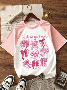 这套两件套包括一件可爱的粉色蝴蝶结印花插肩袖T恤和一条喇叭裤，非常适合女孩在春夏穿着。这是一套青春洋溢的上下装套装。 - 粉色 - 查看 3