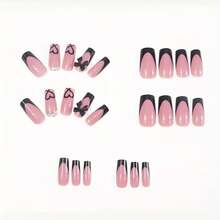 A Set Of 24pcs Pink Black Fake Nail Art, Popular Fake Nail Art, Black Pointed Nails With Butterfly Design And Heart-Shaped Decoration, Glossy Surface, Square, Medium Length - Fashionable Fake Nails Suitable For Women And Nail Art Accessories |   Glossy Surface |   Square Nails - Hồng - Xem 3