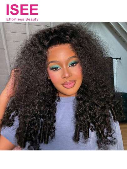 ISEE Wear Go 缅甸卷发三合一半假发，带抽绳，弹性贴合，无需胶水，佩戴方便。自然发际线，预先拔毛，无缝设计，新手友好。180% 密度，14-16 英寸波波头，18-26 英寸常规款。自然色，未经加工的处女发，100% 真人发假发，蕾丝假发，日常佩戴，快速发货。女士适用。