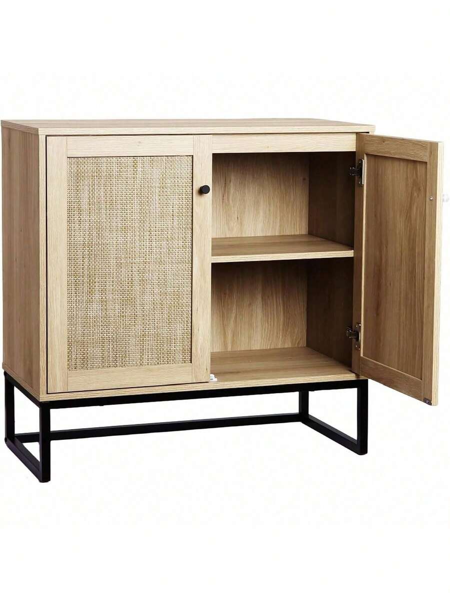 Armario de almacenamiento de ratán de 2 puertas Gabinete de aparador Buffet Accent Gabinete Mesa de consola de granja con armario de cocina de almacenamiento para sala de estar Entrada del pasillo - Marrón - Ver 1