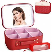 Lukovee Estuche de Viaje con Bolsa para Brochas y Espejo LED, 3 Modos de Iluminación Neceser de Maquillaje Portátil con Divisores Desmontables, Organizador Cosméticos para Accesorios Belleza Mujer - Rojo - con Espejo - Ver 1