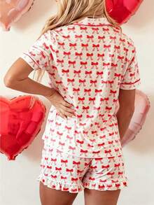 2pcs/Set Women Butterfly Print Pajama Set With Ruffle Trim Short Sleeve Top And Shorts, Pink