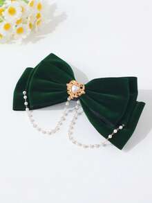 1pc Girls' Elegant & Sweet Velvet Pearl Heart Decor Bow Hair Clip, Suitable For Gifts, Festivals, And Daily Wear - Bow Hairpin - View 4