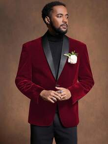 2026 Men's Casual Blazer & Pant Set  Men's 2 Piece Velvet Suit Peak Lapel One Button Slim Fit Tuxedo Blazer Party Dinner Jacket & Pants Relaxed Stretch Fit For Smart Casual Events - 紅色披肩翻領 - 查看 2