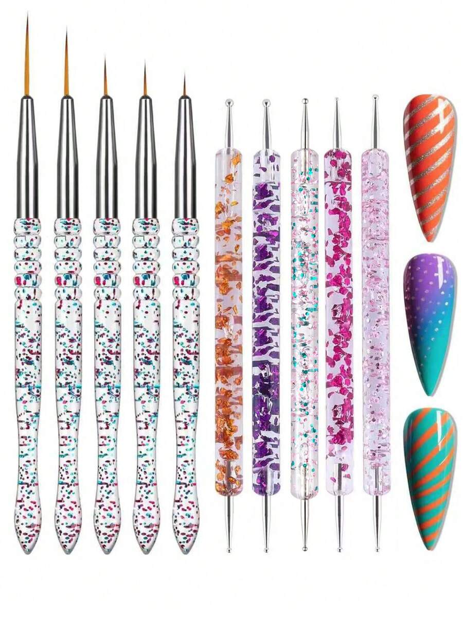 10pcs Rivet Tool Kit - 5pcs Double-Headed Rivet Tool And 5pcs Nail Art Eyeliner Brush - Multicolor - View 1
