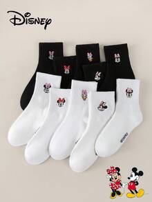 1/5/10 Pairs Disney Mickey, Minnie, Daisy Embroidered Cartoon Leg Warmers Set, White & Black Mid-Calf Leg Warmers, Unisex, Couples, Women, Loose, Tall, Invisible - Black and White - View 11