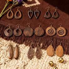 9 Pairs/Set Casual Unique Personalized Wooden Earrings Women's Earring Set Hollow Water Drop Heart Rhombus Round Hollow Geometric Design Solid Wood Earrings Women's Fashion Jewelry - Coffee Brown - View 10