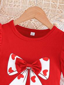 两件套可爱女童夏季套装：荷叶边袖蝴蝶结装饰上衣和百褶裙，优雅女童服装套装 - 紅色 - 查看 3