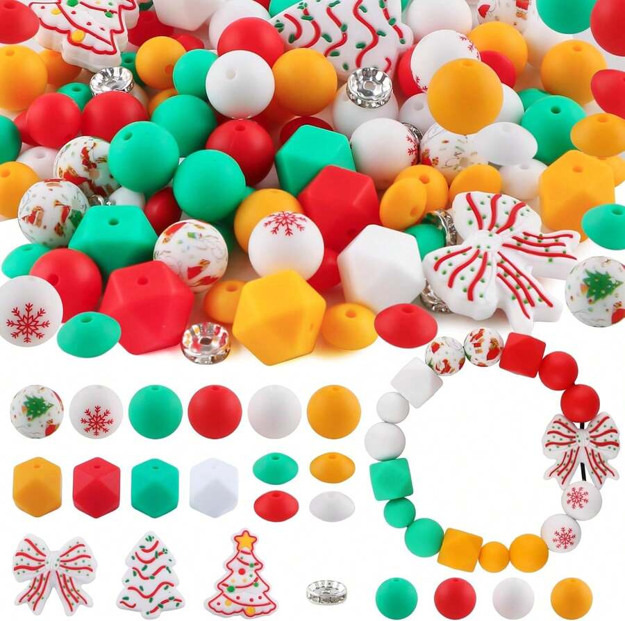Sunrony 105Pcs Mixed Green Christmas Focal Silicone Beads For Keychains Making, Rhinestone Spacer Hexagon Lentil Silicone Beads For Pens Crafts And Necklace Bracelet - Red White Christmas - 查看 1
