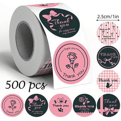 500pcs/Roll Pink Bow Rose Thank You Stickers, 1 Inch Round 8 Designs, Cute Kitty Thank You Stickers, Suitable For Small Business, Baking, Beverages, Gifts, DIY Packaging, Envelopes, Cards, Bouquets, Sealing Labels, PVC Stickers Scrapbook Supplies Scrapbook Stationery