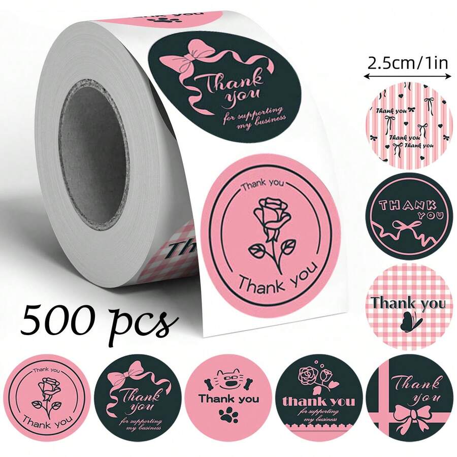 500张/卷 粉色蝴蝶结玫瑰感谢贴纸，1英寸圆形，8种设计，可爱小猫感谢贴纸，适用于小型企业、烘焙、饮料、礼品、DIY包装、信封、卡片、花束、封口标签，PVC贴纸，剪贴簿用品，剪贴簿文具 - 彩色 - 查看 1
