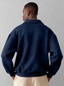 Men's Casual Loose Half-Zip Collared Pullover Pullover Sweatshirt, Street Style, Autumn/Winter - Navy Blue - View 2