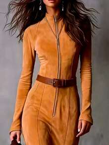 Women'S Elegant Full-Zip Collared  Dress - European & American Style Fall Winter Warmth, Round Neck Long Sleeve Full-Length Zipper Front, Solid Brown/Navy, Tailored Fit For Casual To Formal Events, Office & Party Outfits - Versatile All-Season,Ideal Gifts For Halloween And Christmas - Màu Khaki - Xem 3