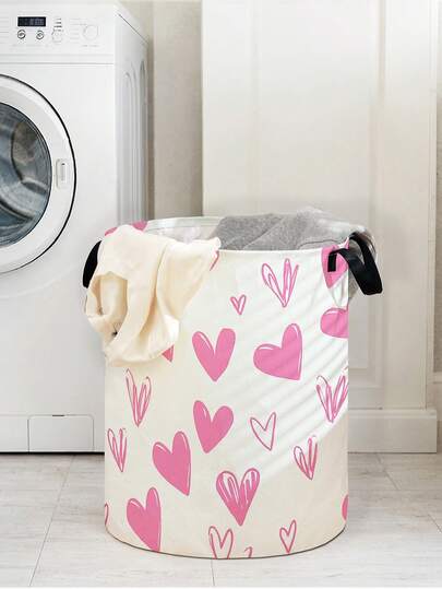 1pc Cartoon Heart Pattern Foldable Large Capacity Round Storage Basket With Handle, Multipurpose For Bathroom, Bedroom, Laundry, Toys, Household Items Storage, Collapsible Dirty Clothes Hamper
