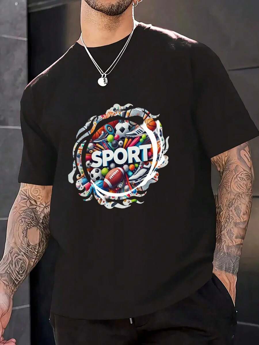 Chemise de sport graphique noire d'été pour hommes - Respirante, coupe régulière, chemise décontractée à col rond pour le sport et les loisirs. Chemise de sport. Top lavable en machine. Mode de vie actif. Style classique. Matériau léger. Vêtements de sport - Noir - Voir 1