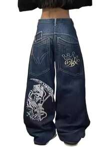 Y2K Fashion Retro Print Loose Jeans - 藍色 - 查看 8