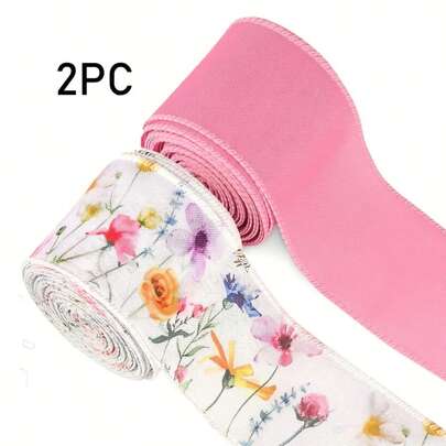 1 Roll/2 Rolls, 2.5 Inch Pink Wild Flower Iron Wire Edged Ribbon, Vintage Wild Flower Craft Ribbon, Spring Fabric Ribbon, Suitable For Wreath, Bow Making, DIY Packaging, Party Decorations