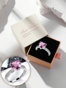 礼盒套装，优雅粉色心形立方氧化锆戒指，女士派对饰品，铜质材质，不褪色且低致敏性，理想的情人节礼物 - 銀色-粉紅鑽 - 查看 11